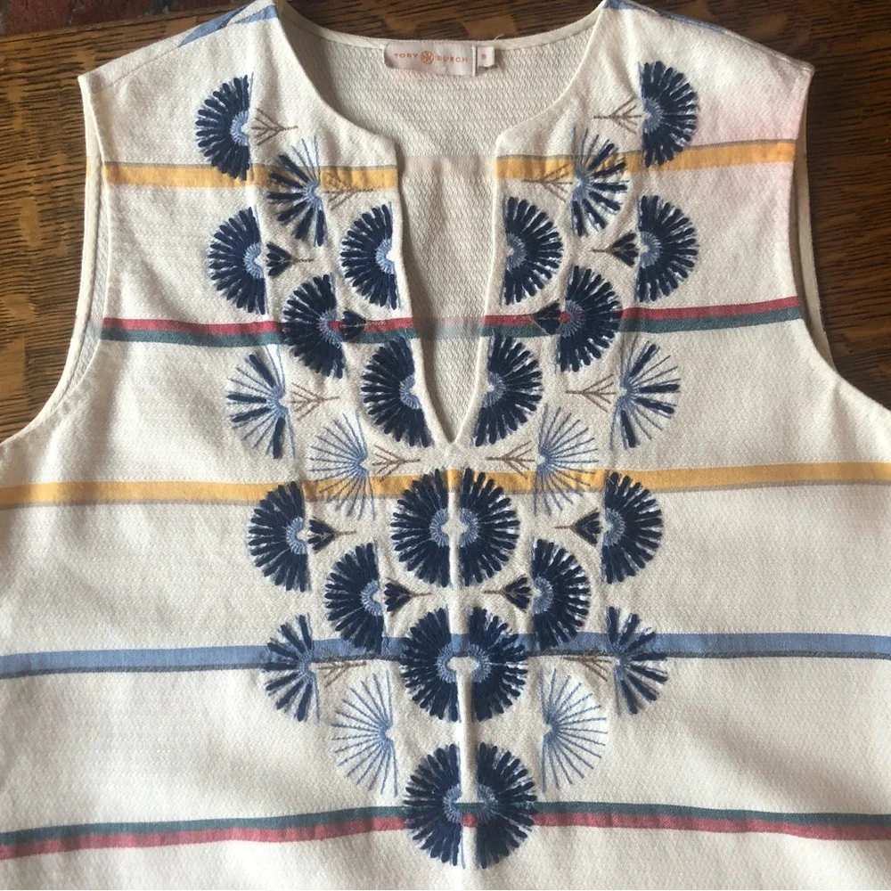 Tory Burch “Avery” Tunic with Navy Embroidery, and Multi-Colored Striped Body